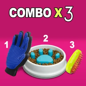 super combo x3 para mascotas guante + cepillo a vapor + comedero